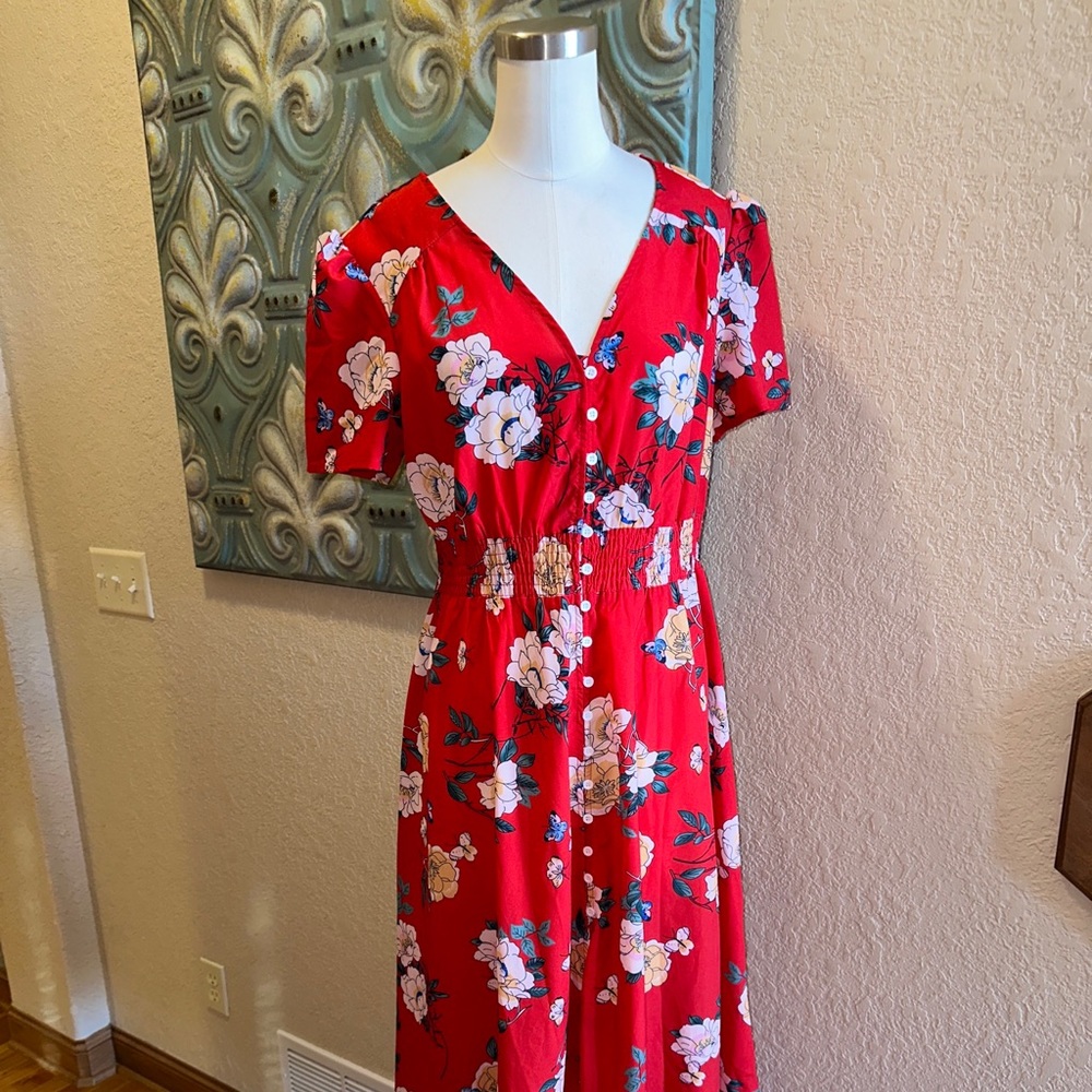 Amazon Womens Dress V Neck Button Short Sleeve Floral Red Size Large